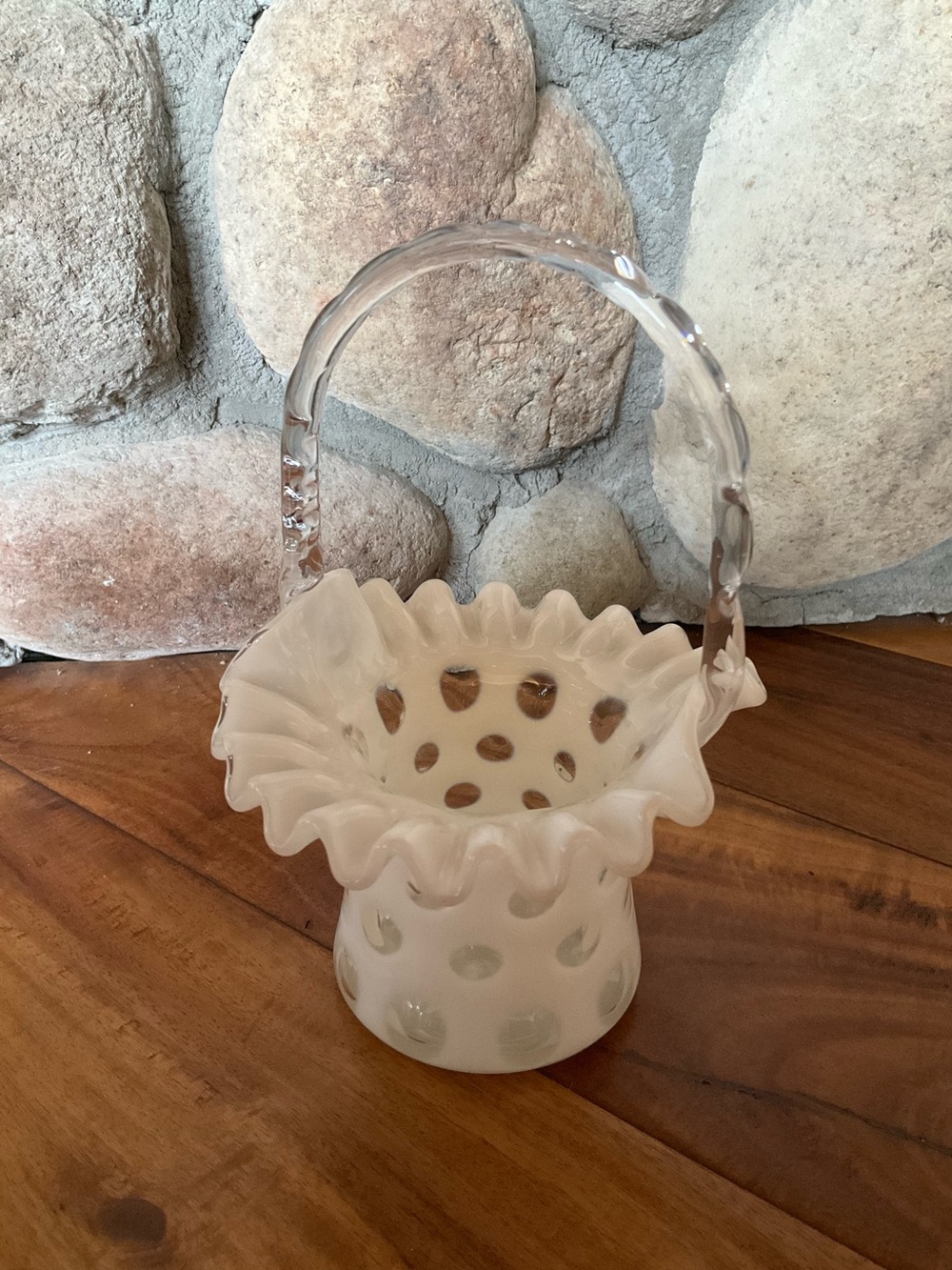 Fenton Opalescent Coin Dot Basket with Clear Handle White No Chips/Cracks